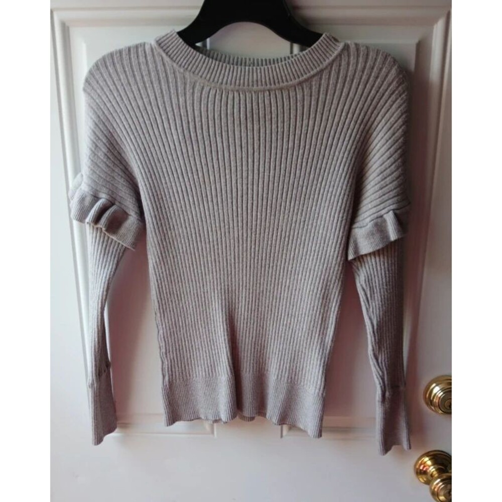 Ribbed Ruffle Sleeve Crew Sweater in Light Taupe